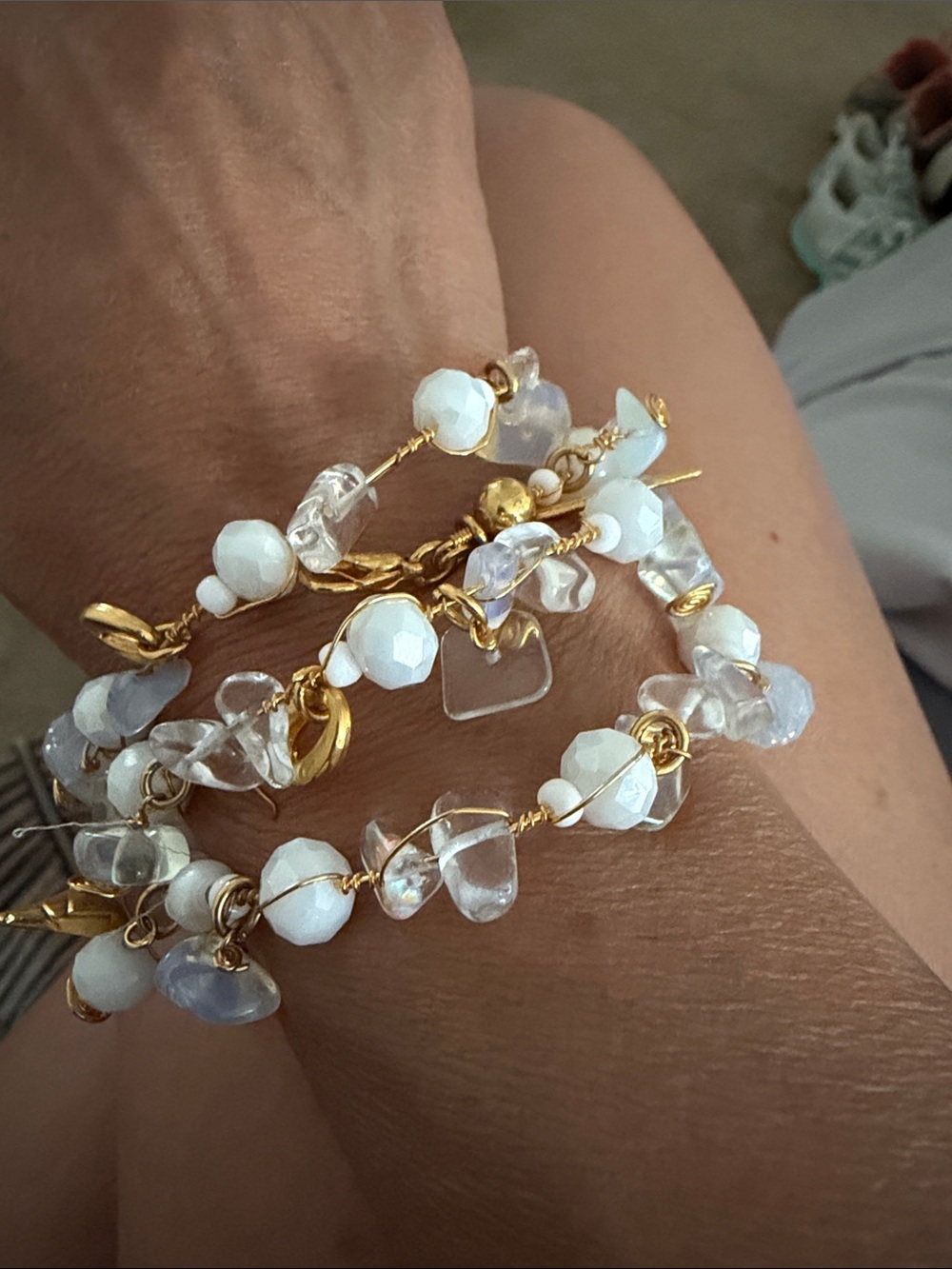 Gold-Tone Wrap Bracelet with White Faceted Beads and Clear Accents